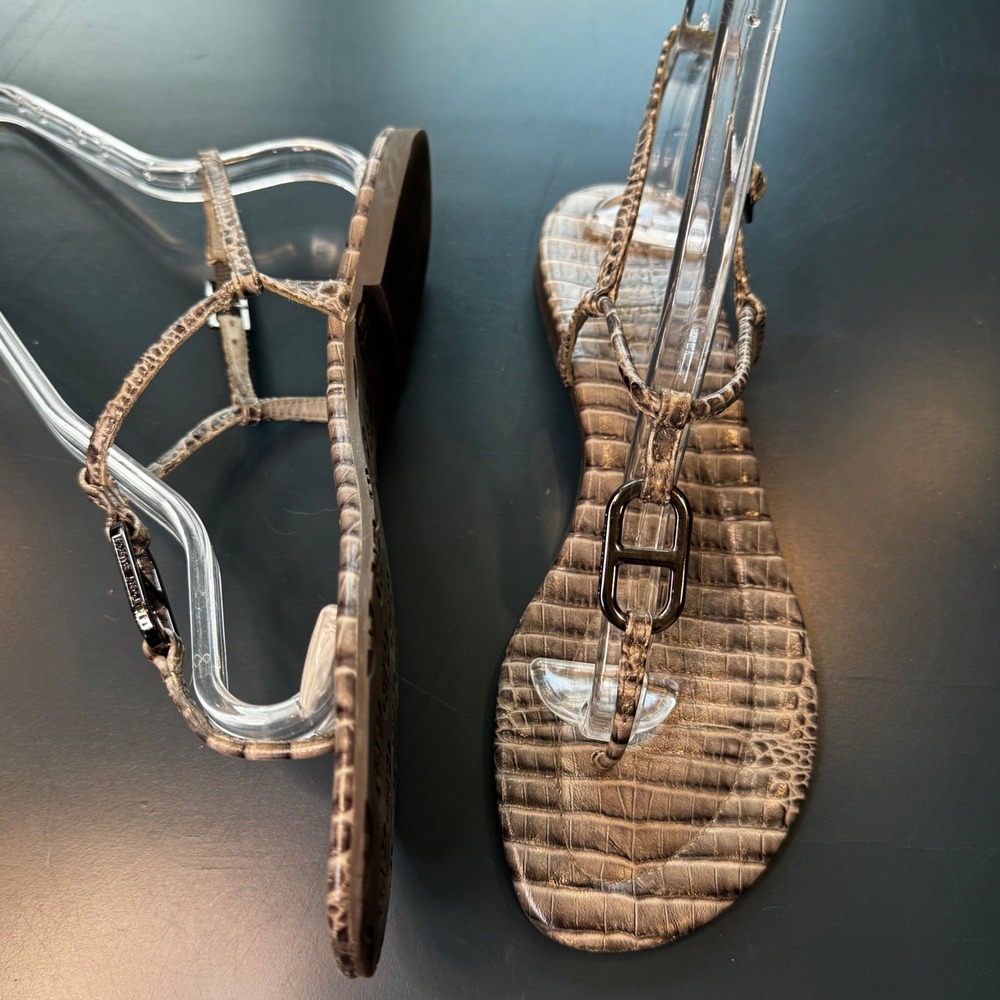 Tory Burch Women 6 M Gray Crocodile Embossed Leather Thong Slingback Flat Sandal